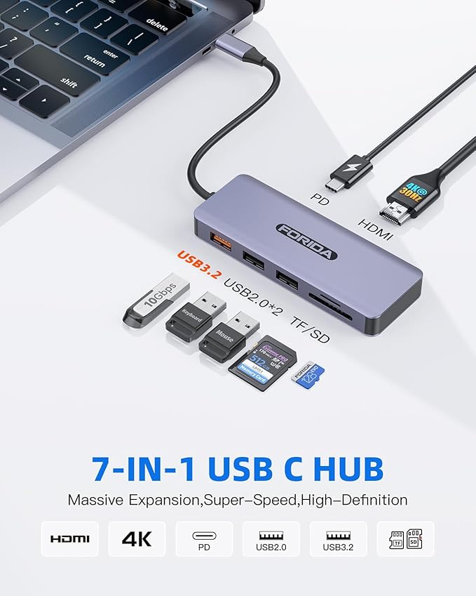 FORIDA USB C Hub, 7 Ports USB-C MultiPort Adapter for MacBook Pro/Air, Type C to 4K HDMI Extender, 1 USB 3.2 Up to 10Gbps, 2 USB 2.0, 100W PD, SD/TF for iPhone 15/16 and More USBC Devices