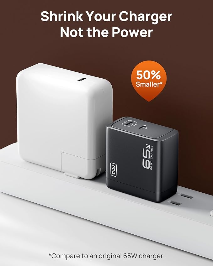 INIU 2 USB C Ports 65W GaN Charger - Compact Foldable PD PPS USB C Wall Charger for MacBook Pro/Air, Dell XPS 13, iPad Pro, Samsung Galaxy S23, Note 20/10+, iPhone 16/15/14, Steam Deck