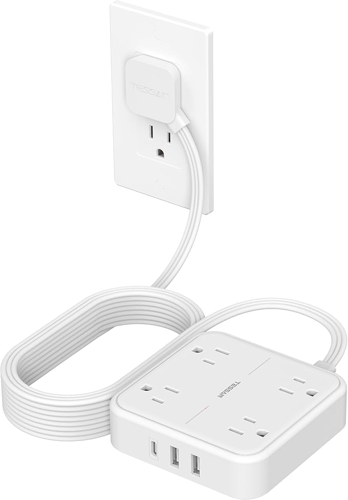TESSAN Surge Protector Flat Extension Cord 15Ft, Flat Plug Power Strip with 4 Outlets 3 USB Ports (1 USB C), 900 Joules Protection, Multiple Wall Outlet Extender Suitable for Home Office Dorm, White