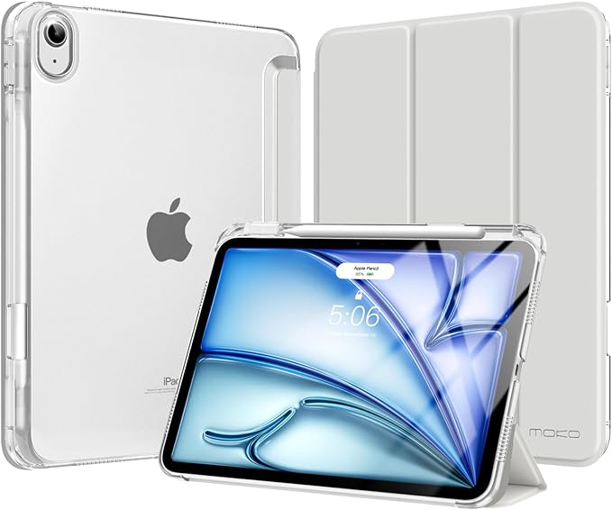 MoKo for iPad Air 11 inch Case (M4/M3/M2) 2026/2025/2024, iPad Air 5th/4th Gen 10.9 inch Case 2022/2020 with Pencil Holder, Slim Light Trifold Cover with Hard PC Translucent Back Shell, Light Gray