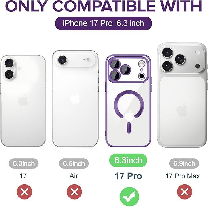Hython Magnetic Clear for iPhone 17 Pro Case with Camera Lens Protector [Compatible with MagSafe] Luxury Plating Edge Slim Soft TPU Cover Protective Phone Case for iPhone 17 Pro 6.3", Matte Purple