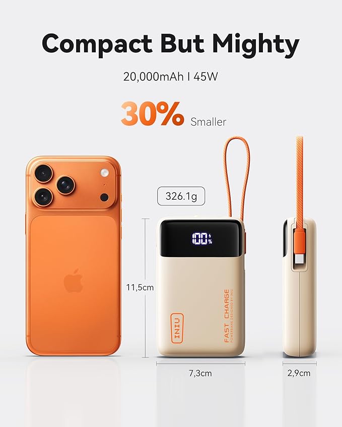 INIU 20000mAh Power Bank, Smaller 45W PD Fast Charging Portable Charger, Battery Pack with Build in USB C Cable, Travel Phone Flight-Safe Powerbank for iPhone 17 16 Samsung S26 Google iPad, Beige