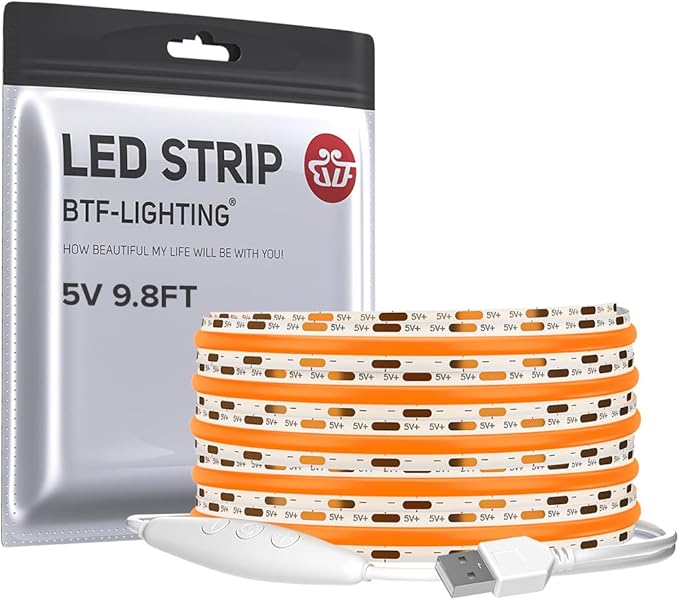 BTF-LIGHTING FCOB COB FOB LED Strip Lights 5V USB Powered 9.8FT 960LEDs Orange Color 8mm Width Dimmable CRI 90+ with 3M Tape Flexible High Density for 3D Printer TV Backlight PC DIY Decor