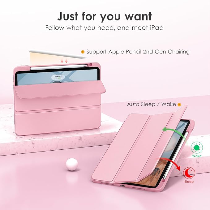 VIKESI for iPad Pro 11 Inch 4th/3rd/2nd/1st Generation Case, iPad Air 11-inch / 5th / 4th Generation Case with Clear Back,Pencil Holder,Auto Sleep/Wake,Camera Protection,Pink