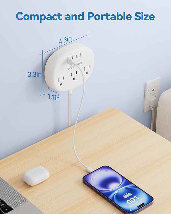 Power Outlet Relocator with Adhesive- 5 FT, 1625W Wall Mounted Extension Cord with 3 AC Outlet 4 USB (24W/4.8A), Peel and Stick Outlet for Easy Access to Low-Floor Socket