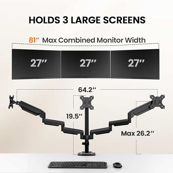 ErGear Triple Monitor Mount for 13-27 inch Screens, Premium Aluminum Triple Monitors Stand up to 17.6 lbs, Sturdy 3 Monitor Desk Mount with Swivel, Tilt, Rotation, Max VESA 100x100mm