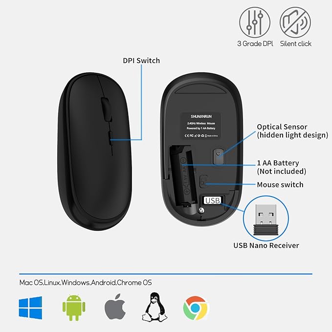 Small Wireless Mouse, Slim Mini Mouse, Portable Computer Mice with USB Receiver, Quiet Click, 2400 DPI, 2.4GHz Cordless Silent Mice for Laptop PC - Black
