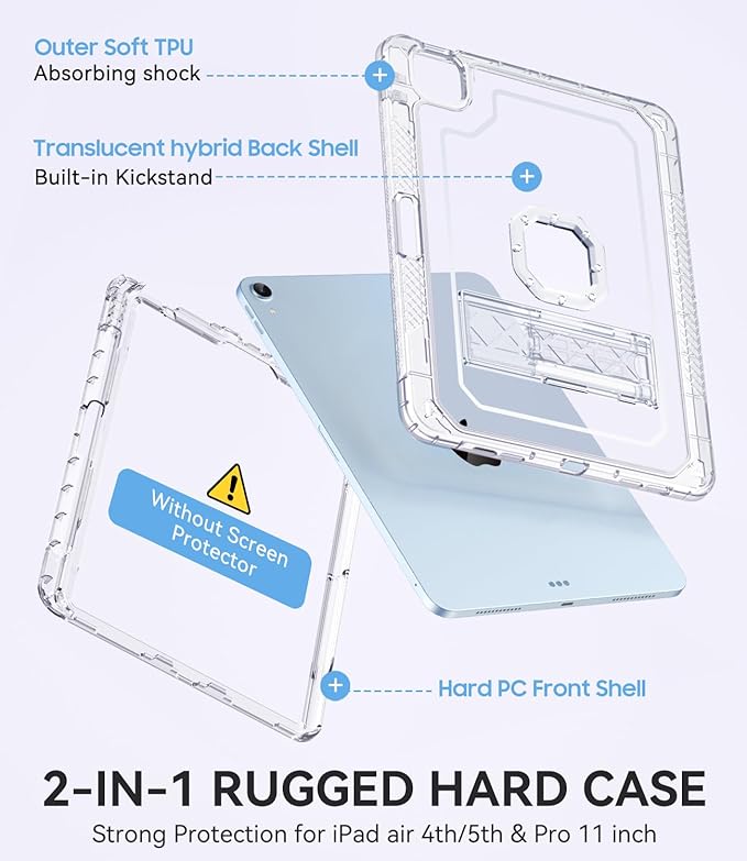 ZoneFoker Case for iPad Air 5th/ 4th Generation Case (2022/2020) 10.9'', for iPad Pro 11 Inch (4th/3rd/2nd/1st Gen), Hard Sturdy Slim Cover for iPad Air 5 4 th with Pencil Holder/Stand, Clear
