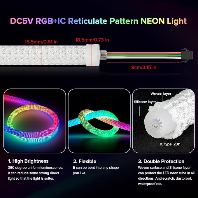 BTF-LIGHTING 13.1FT WS2811 WS2812B IC RGB DC5V 360 Degree Round Reticulate Pattern Chasing Color Neon LED Strip Flexible Nylon Silicone IP67 Waterproof Dream Color Rope Light(No Adapter or Controller)