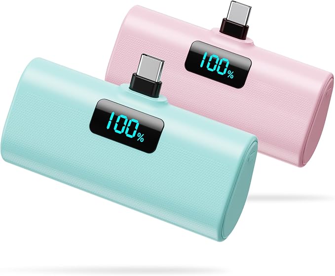 [2-Pack]Small Portable Charger 5200mAh,Upgraded PD USB C Power Bank Built-in USB-C Connector,LCD Display Battery Pack for iPhone 15/15 Plus/15 Pro/15 Pro Max/Samsung Android(Pink+Green)