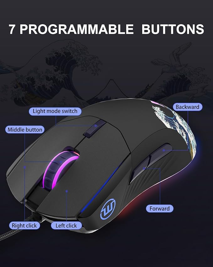 COSTOM Womier USB Wired Gaming Mouse for PC Computer Windows Mac Laptop, Lightweight Silent RGB Backlit Mouse with Adjustable 12000DPI/7 Programmable Side Buttons,Black Kanagawa Theme-G705 V2