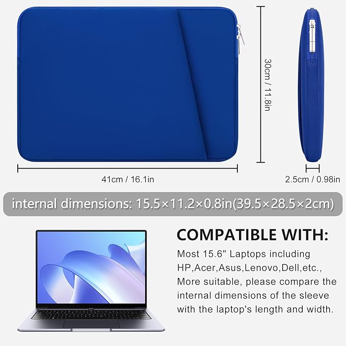 Laptop Sleeve Case with Zipper Accessory Pocket Compatible with 15.6 inches HP Dell Asus Lenovo Padded Computer Pouch Cover Shockproof Protective for 15.6” Laptop/Chromebook/Tablet,Blue