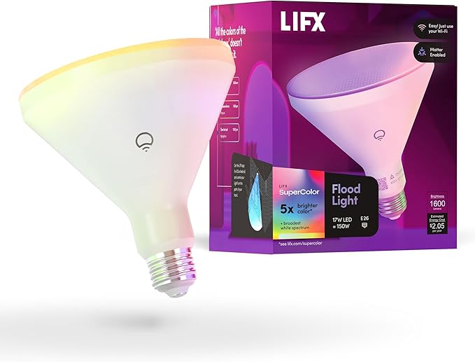 LIFX Smart Flood Light Bulb PAR38 E26 (1 Pack), Color Changing RGB + Warm White 1600 Lumens 150W Equivalent Tunable LED, 90+ CRI, Matter Compatible, Apple HomeKit, Alexa & Google Home Dimmable