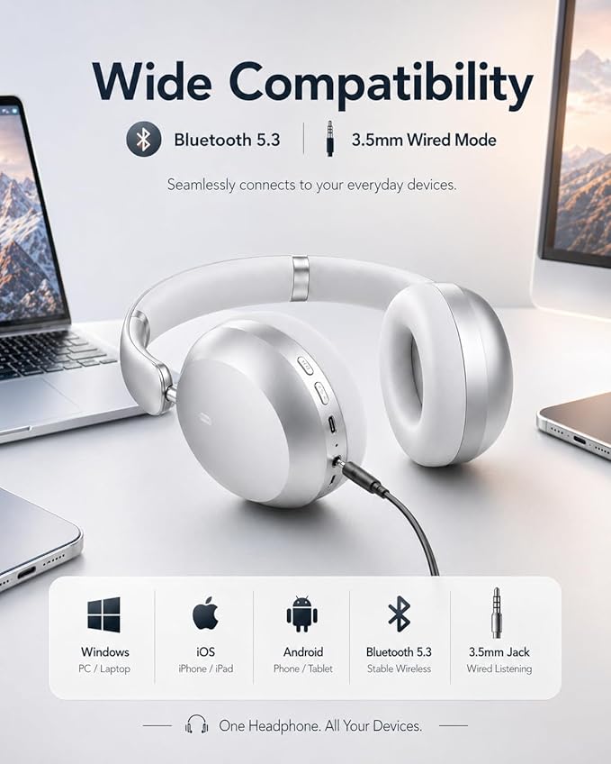 Wentronic Y05 Bluetooth Over-Ear Headphones with Active Noise Cancelling, Hi-Res Audio, 48H Playtime, Built-in Mic, Wired/Wireless, Works with iOS, Android & PC, Silver