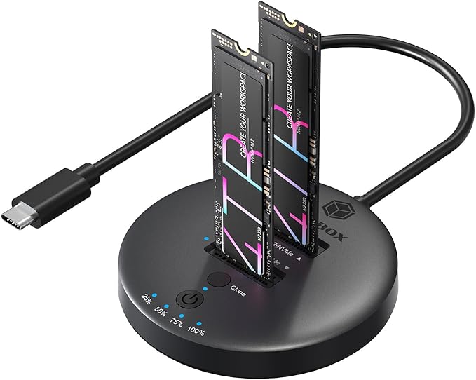 M.2 NVMe SSD Cloner, Dual Bay NVMe SATA SSD Enclosure, ICY BOX 10Gbps M.2 Duplicator Cloner, Support Offline Clone, M.2 Docking Station for M Key PCIE NVMeSSD Reader in Size 2230/2242/2260/2280/22110