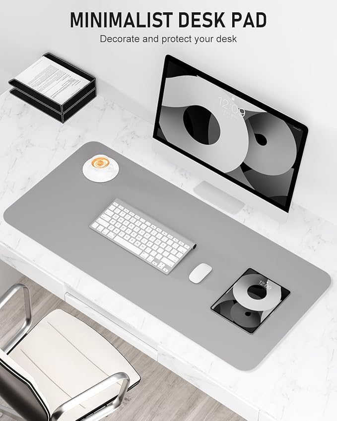 Desk Pad, 23.6" x 13.8" PU Leather Non-Slip Desk Mat Large Mouse Pad for Desktop, Waterproof Laptop Computer Writing Mat for Office, Home, Work, Gaming, Silver