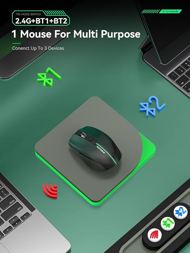 RAPIQUE Bluetooth Wireless Mouse – Bluetooth 5.1 & 2.4G Dual Connectivity, Rechargeable USB-C, Silent Click, Ergonomic 6-Button for Windows/macOS/Android/iOS/Laptop/MacBook(Green-to-Black)