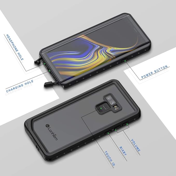 Lanhiem Galaxy Note 9 Phone Case, IP68 Waterproof Dustproof Shockproof Case with Built-in Screen Protector, Full Body Sealed Underwater Protective Clear Cover for Samsung Galaxy Note 9 (Black/Gray)