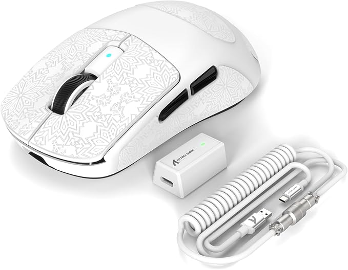 ATTACK SHARK R6 39g Superlight Wireless Gaming Mouse,PixArt PAW3950MAX 42000 DPI,MCU Nodic 52840 Computer Mouse,8K Polling Rate Web Driver,BT/2.4Ghz/Wired Tri-Mode Mice with Coiled Cable-White&Tape