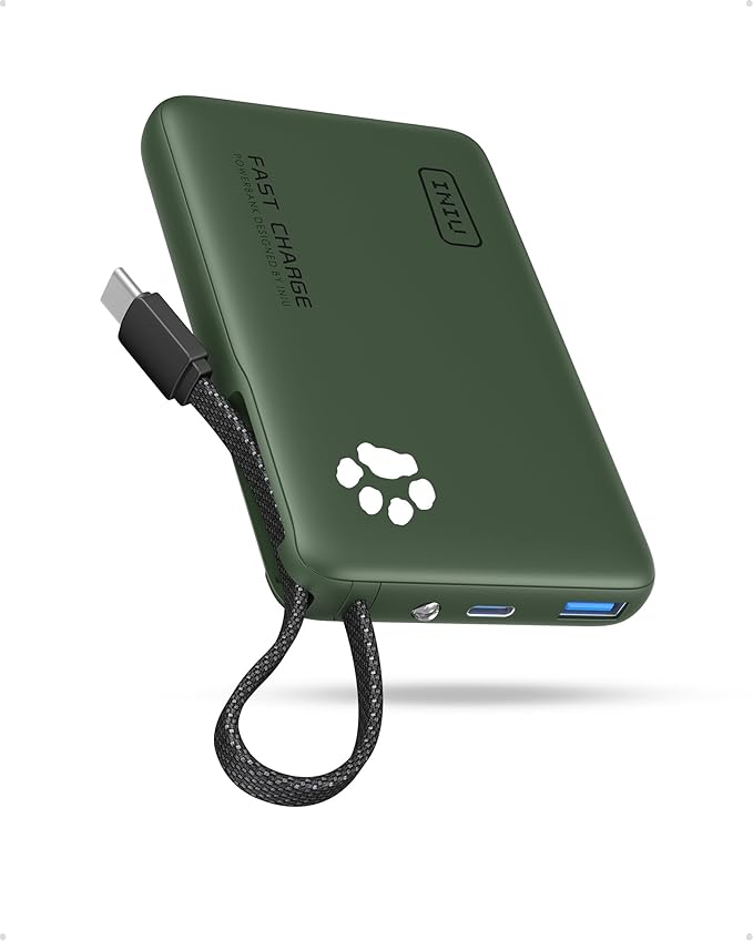 INIU 45W Power Bank, Fast Charging Portable Charger with Built-in USB C Cable, 10000mAh Small Type C Powerbank, Battery Pack for iPhone 17 16 15 14, iPad, Samsung S25 S24 etc Travel Camping, Green