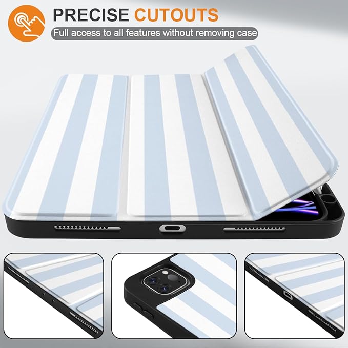 DONGKE Case for iPad Pro 12.9 inch 6th Generation 2022, Built-in Pencil Holder + Trifold Stand + Auto Wake/Sleep + Protective Cover for iPad Pro 12.9 5th/4th/3rd Gen- Blue Stripes