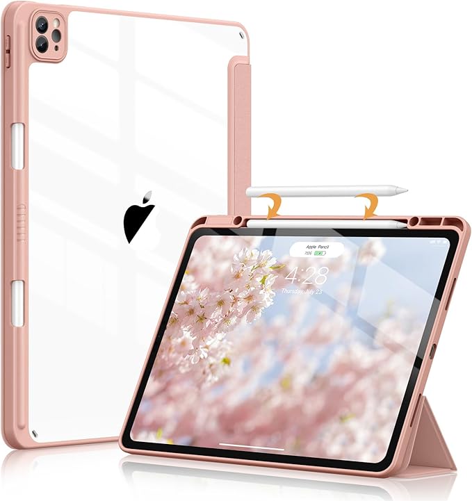 Soke Case for iPad Pro 12.9 Inch (6th/5th/4th/3rd Generation, 2022/2021/2020/2018) - Pencil Holder + Auto Sleep/Wake + Camera Protection, Transparent Shockproof Back Cover,Rose Gold