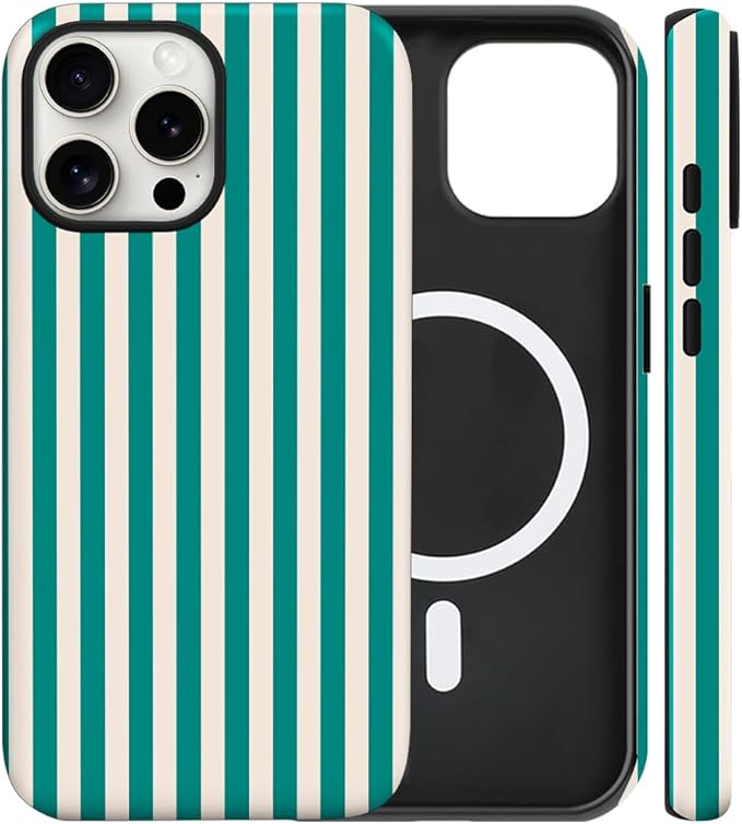 Magnetic for iPhone 15 Pro Case Cute Stripes Phone Case, Shockproof Slim TPU and Hard PC Protective Phone Cover Compatible with MagSafe Designed for Women Girls, Emerald Green
