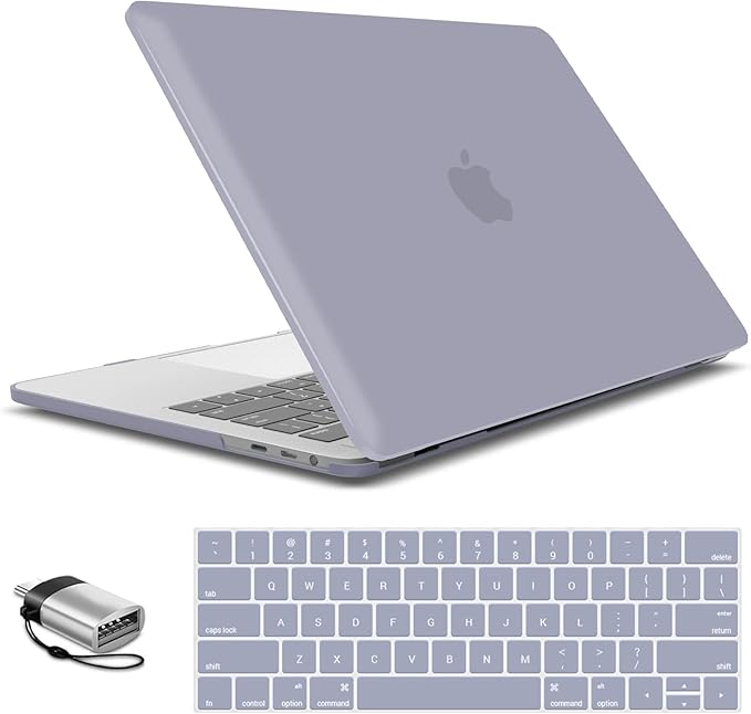 IBENZER Compatible with MacBook Pro 15 Inch Case 2019 2018 2017 2016 A1990 A1707, Hard Shell Case with Keyboard Cover & Type C Adapter for Mac Pro 15 Touch Bar, Lavender Gray, T15LVGY+1TC