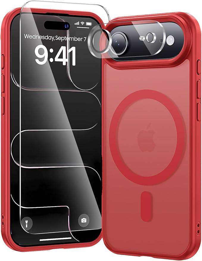 toushion 3 in 1 for iPhone Air Case Matte Red,Fits MagSafe, Screen Protector*1 Camera Lens Protector*1,Matte Skin Feeling Back, Cover Military-Grade Protection