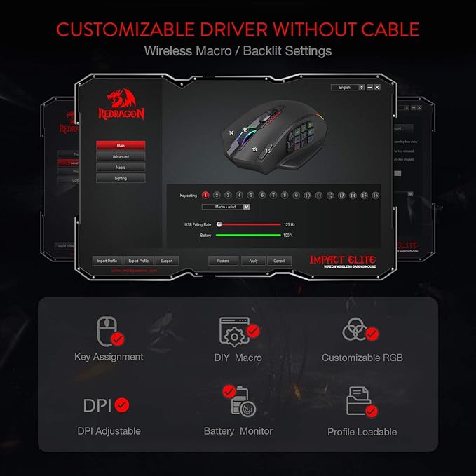 Redragon M913 Impact Elite Wireless Gaming Mouse, 16000 DPI Wired/Wireless RGB Mouse with 16 Programmable Buttons, 45 Hr Battery and Pro Optical Sensor, 12 Side Buttons MMO Mouse