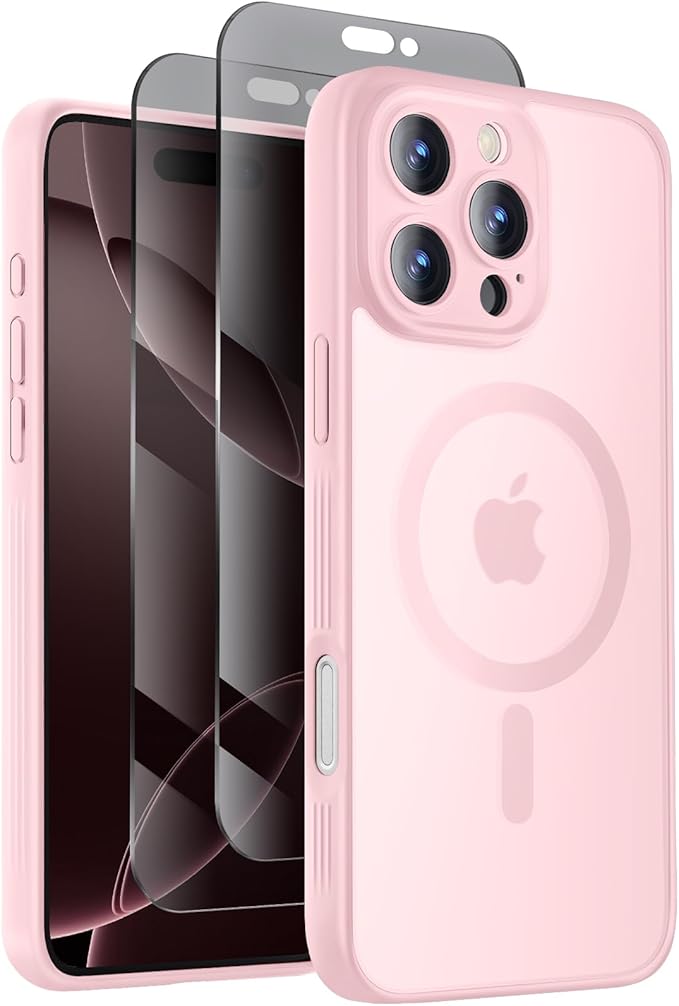 Symcele Designed for iPhone 16 Pro Max Case, Compatible with MagSafe, with Privacy Screen Protectors X2, [Camera Protection] [15FT Military Drop Protection] Shockproof Phone Case, 2024, Pink