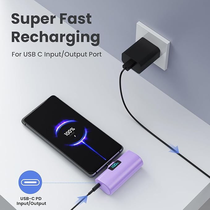 [2-Pack]Portable Charger for iPhone 16/15 Series,5200mAh PD USB C Power Bank Built-in USB-C Connector,Battery Pack Compatible with iPhone 16/16 Plus/16 Pro/16 Pro Max/15 Series,Android (Pink+Purple)