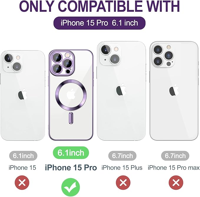 Hython Magnetic Clear for iPhone 15 Pro Case with Camera Lens Protector [Compatible with MagSafe] Luxury Plating Edge Slim Soft TPU Cover Protective Phone Case for iPhone 15 Pro 6.1", Deep Purple