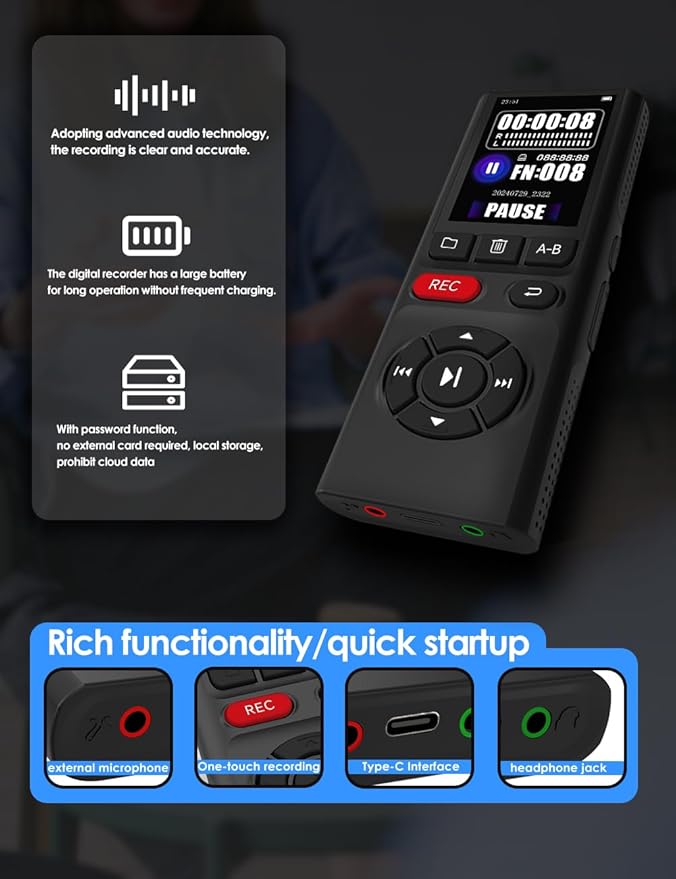 64GB Jaswill Digital Voice Recorder with Playback Long Battery 2-inch Screen MP3 Audio Recording for Meetings Lectures and Interviews Portable USB Recording Device with Voice Activation