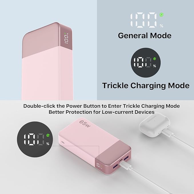 NOBIS 20000mAh Battery Pack Power Bank 65W Power Bank, Portable Charger with Digital Display, Dual USB-C/USB-A Fast Charging for Laptop, Phone, Tablet, Travel-Friendly External Battery Pack