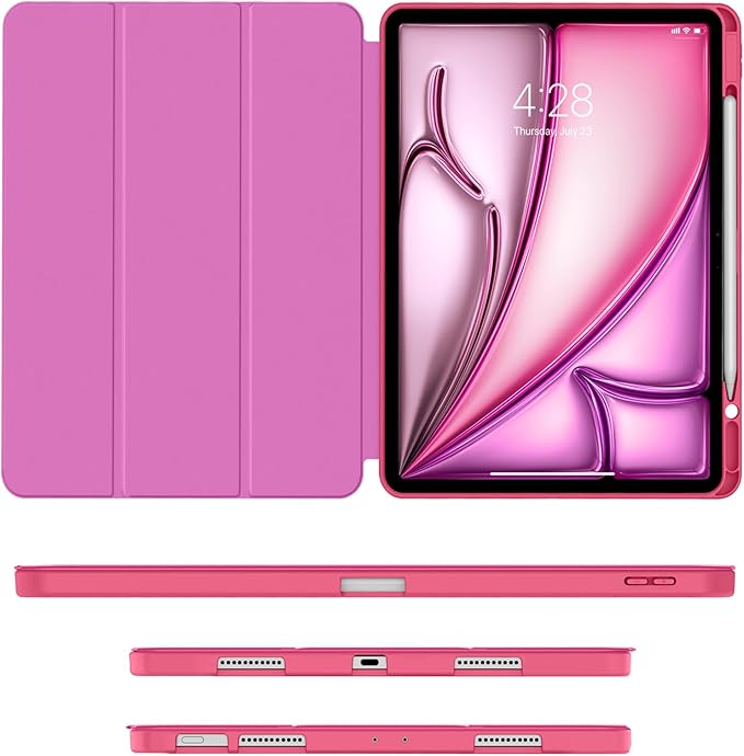 Soke Case for iPad Air 13 Inch (M4/M3/M2,2026-2024), iPad Pro 12.9" 6th/5th Generation with Pencil Holder(2021 2022 Release)-[Apple Pencil Charging + Auto Wake/Sleep] Soft Back Cover, Note Hot Pink
