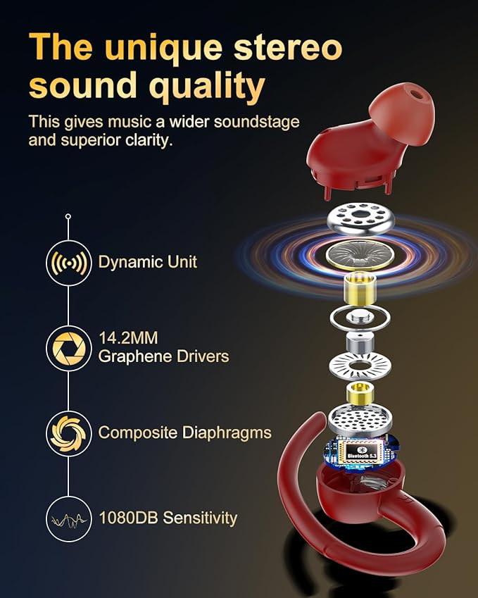 Jesebang Wireless Earbuds Bluetooth 5.4 Headphones Sport, 2025 Wireless Earphones with Earhooks, HiFi Stereo Deep Bass with ENC Mic, 40H Dual LED Display, IP7 Waterproof Ear Bud for Small Ear, Red