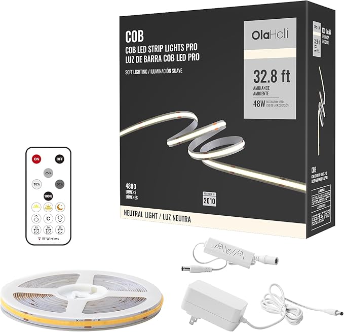 32.8ft COB Led Strip Light with Remote, 4000K Ra93+ Dimmable Bright Led COB Strip Light, White Continuous Led Strip Light for Mirror, Stair, Cabinet, Room