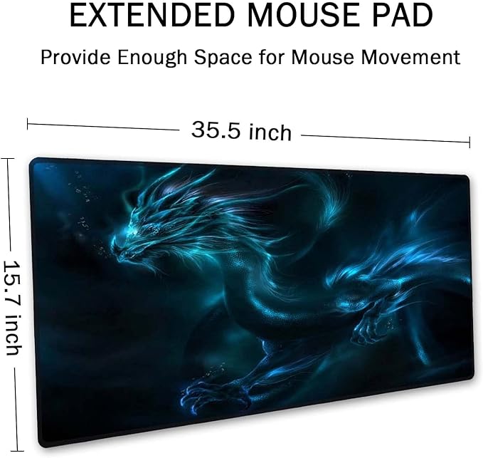 SSOIU Extended Mouse Pad, XXL Gaming Mouse Pads, Large Big Mousepad Laptop Computer Keyboard Mat Desk Pad with Non-Slip Base Stitched Edge for Gaming Office, 35.5 x 15.7 inch, Blue Dragon