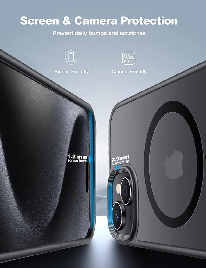 Tigowos for iPhone 15 Case, Compatible with MagSafe [15FT Drop Resistant][2 Tempered-Glass Screen Protectors] Matte Skin-Feeling Shockproof case for iPhone 15 Cases 6.1", Black-Set