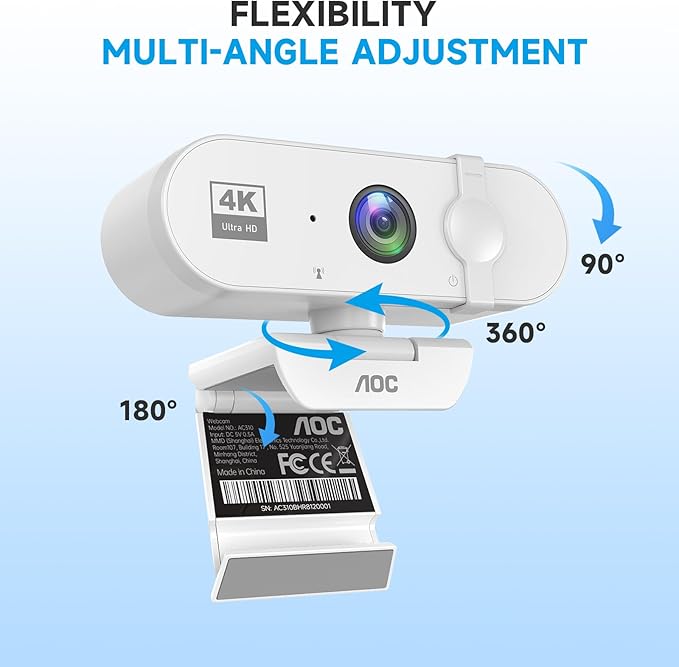 AOC White 4k Webcam for PC with Microphone, Computer Camera with Noise Cancellation, Privacy Cover, 99° FOV, Plug & Play USB Webcam for Streaming, Conferencing, Zoom, Skype, Facetime