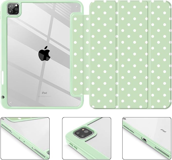 Tuiklol for iPad Pro 12.9 Inch 6th/5th/4th/3rd Generation 2022 2021 2020 2018 Case,Built-in Pencil Holder Clear Transparent Protective Back Shell Cover with Auto Sleep/Wake, Spot-Green