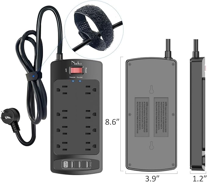 Surge Protector Power Strip - Nuetsa Flat Plug Extension Cord with 8 Outlets and 4 USB Ports, 6 Feet Power Cord (1625W/13A), 2700 Joules, ETL Listed, Black