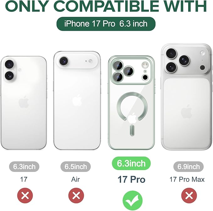 Hython Magnetic Clear for iPhone 17 Pro Case with Camera Lens Protector [Compatible with MagSafe] Luxury Plating Edge Slim Soft TPU Cover Protective Phone Case for iPhone 17 Pro 6.3", Matte Mint