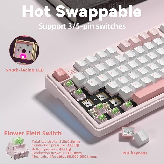 LINGBAO K108 Pro Wireless Mechanical Keyboard with Screen & Knob, Full Size Creamy Keyboard with Number Pad, 10000mAh Battery, PBT Keycaps, RGB Backlit, Hot-swappable Pink Gaming Keyboard for PC/Mac