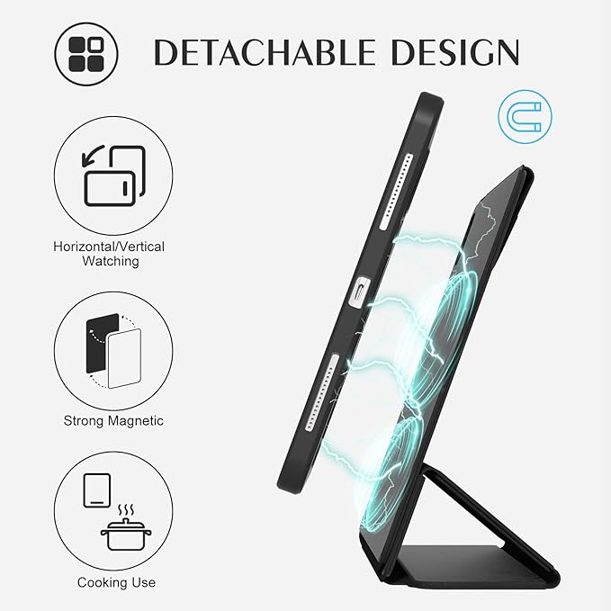 ZENLU iPad Pro 11 inch Case with Removable Magnetic Folio Cover, Premium PU Leather, Multiple Angles Stand, Pencil Slot Charging Support, Full Protective Case for 11" (1/2/3/4 Gen) iPad Pro (Black)