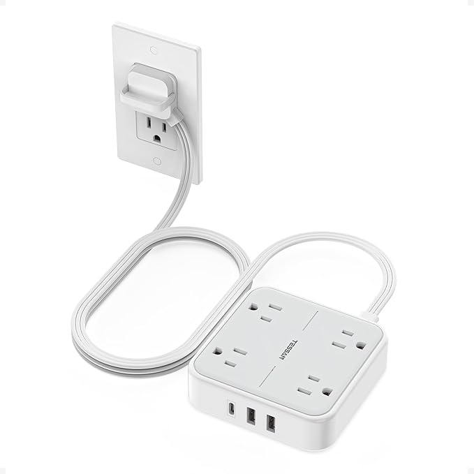 TESSAN Surge Protector Flat Extension Cord 5Ft, Ring Plug Power Strip with 4 Outlets 3 USB Ports (1 USB C), 900 Joules Protection, Multiple Wall Outlet Extender Suitable for Home Office Dorm, Grey