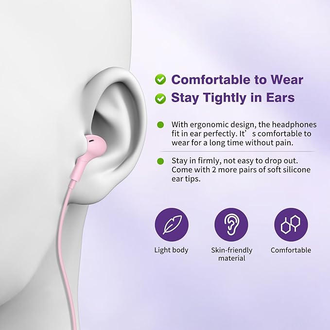 USB C Headphones for iPhone 17 16 15 Plus/Galaxy S26 S25 Wired Earbuds with Microphone for Samsung S24 S23 S22 S21 S20 Ultra, Magnetic Noise Canceling in-Ear Type C Earphone for iPad 10/Pixel 8a, Pink