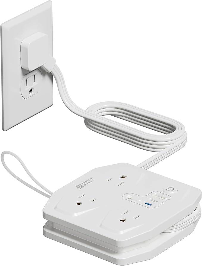 20W Travel Power Strip SUPERDANNY 3-Foot Wrap Up Extension Cord with 3 Outlets and 3 Fast Charging USBs, No Surge Protector Cruise Approved Portable Mini Travel Charger for Home Office Hotel, White