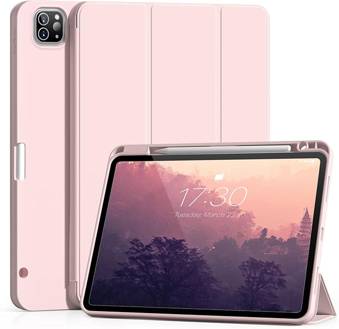 Aoub New iPad Pro 12.9 Case 6th Generation 2022 / 5th Gen 2021/ 4th Gen 2020 with Built-in Pencil Holder, Auto Wake/Sleep, Slim Stand Soft Back Shell Smart Cover for iPad Pro 12.9 Inch, Pink